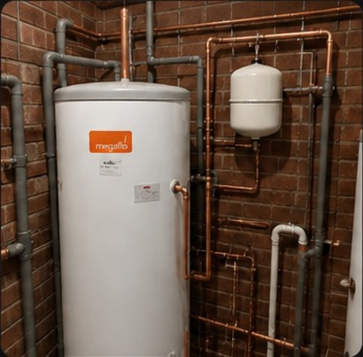 Unvented hot water cylinder with expansion vessel and copper pipework